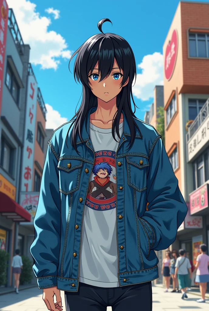 Shoya Hoshino(Hoshino Shoya)(main character)
Hairstyle:Long straight black hair、Side-swept bangs Eye color:Bright Blue Height:177cm
Clothing:Casual street style、Graphic tee and denim jacket。 ライトノベルのmain character 周りと区別がつくHairstyle