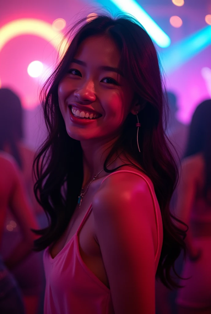The face of a sexy Japanese woman dancing at a club