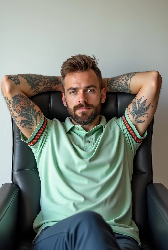 A relaxed, confident man with short, light brown hair and a trimmed beard is sitting back in a chair. His arms are raised behind his head, exposing tattoos on both forearms. He is wearing a light green polo shirt with colored stripes on the sleeves. The image is highly detailed and polished, emphasizing his calm expression and the intricate tattoos. The background is clean and isolated, with the subject being the main focus. The overall vibe of the portrait is casual yet professional, suited for a content creator or Twitch streamer persona.