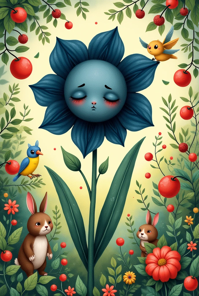 An illustration of a flower with dark blue petals,with a sad face,in the middle of a garden with animals and fruits all around,a vintage book style illustration
