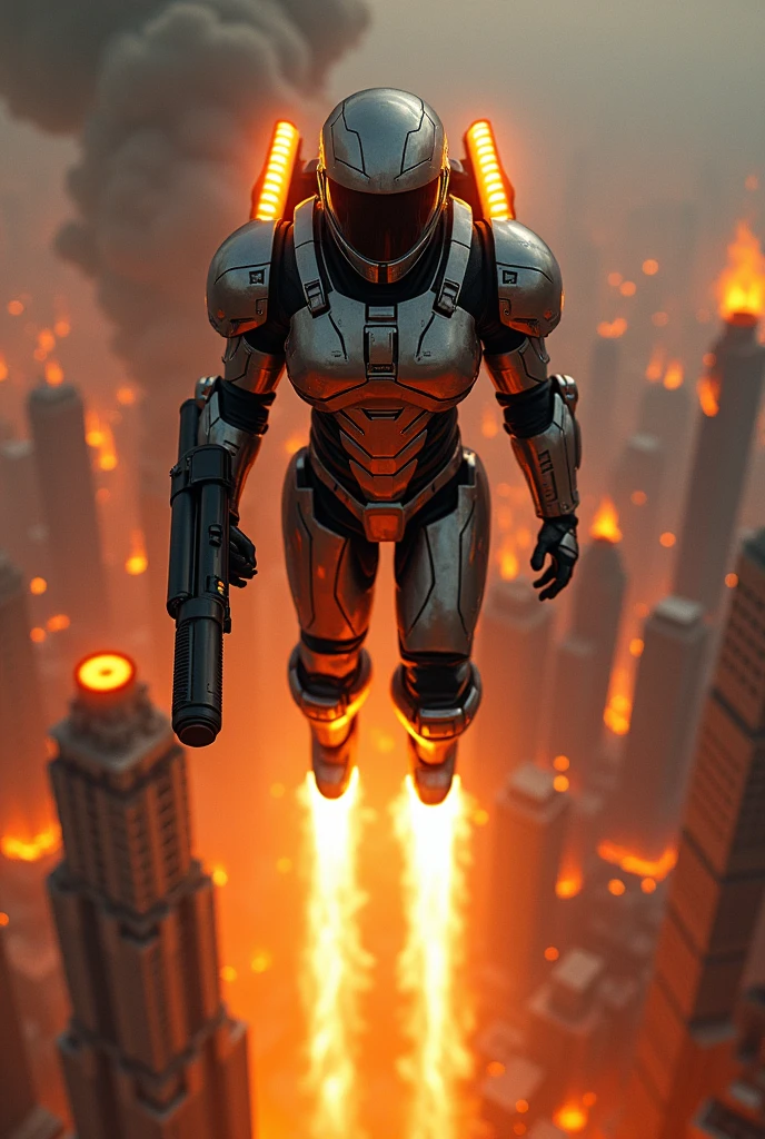fire. Reinforcement suit. Jetpack. Gatling gun. Flying with a jetpack. Burning City