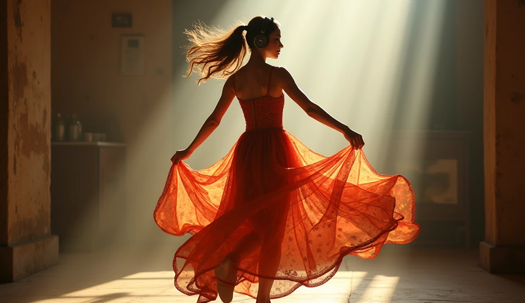 une personne qui dance et que l'on voit tout son corps. la personne porte une robe et elle tourne sur elle méme avec des ecouteur et de la musique