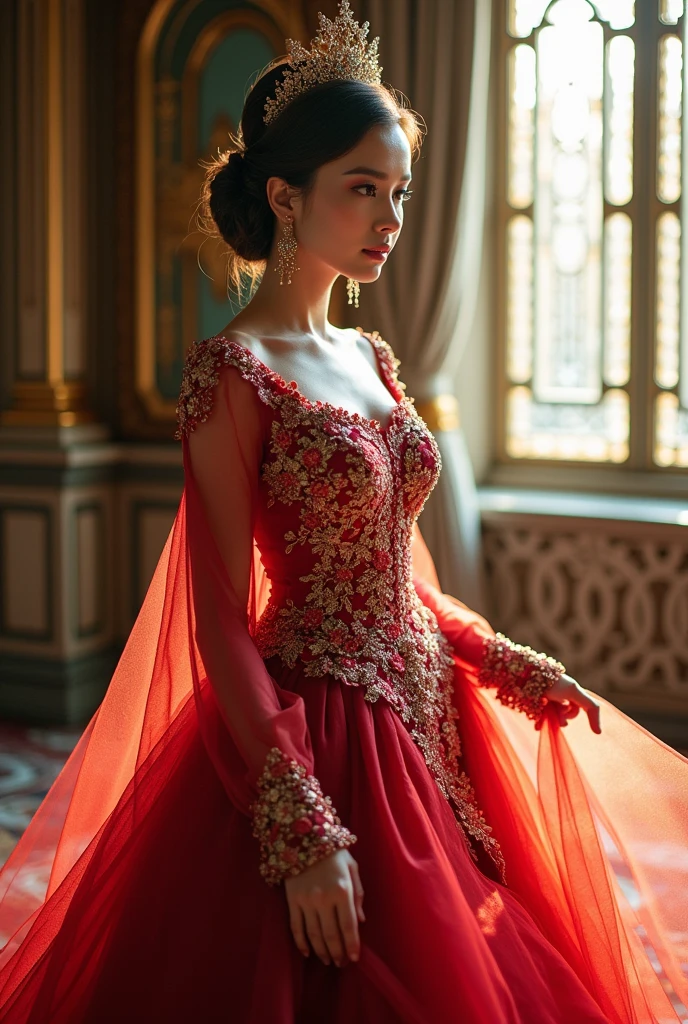 a woman in traditional malaysian wedding dress, intricate floral patterns, beaded embroidery, long flowing sleeves, ornate headpiece, elegant posture, serene expression, sunlight filtering through window, luxurious interior setting, (best quality,4k,8k,highres,masterpiece:1.2),ultra-detailed,(realistic,photorealistic,photo-realistic:1.37),portrait,high fashion photography,vivid colors,warm lighting