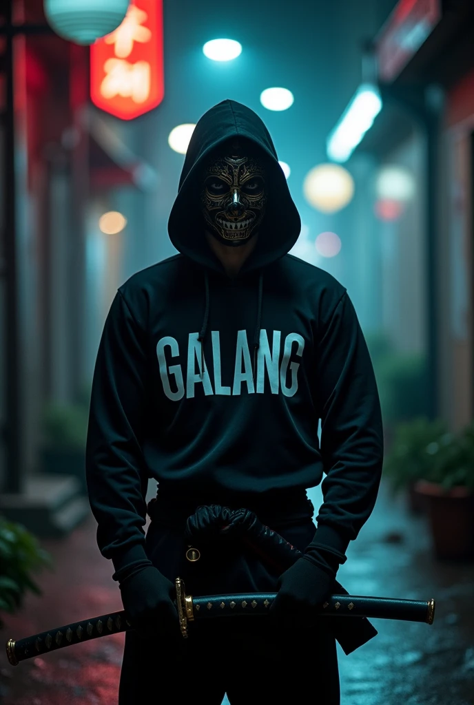 A masked man wearing a samurai sword with the name GALANG written on his shirt