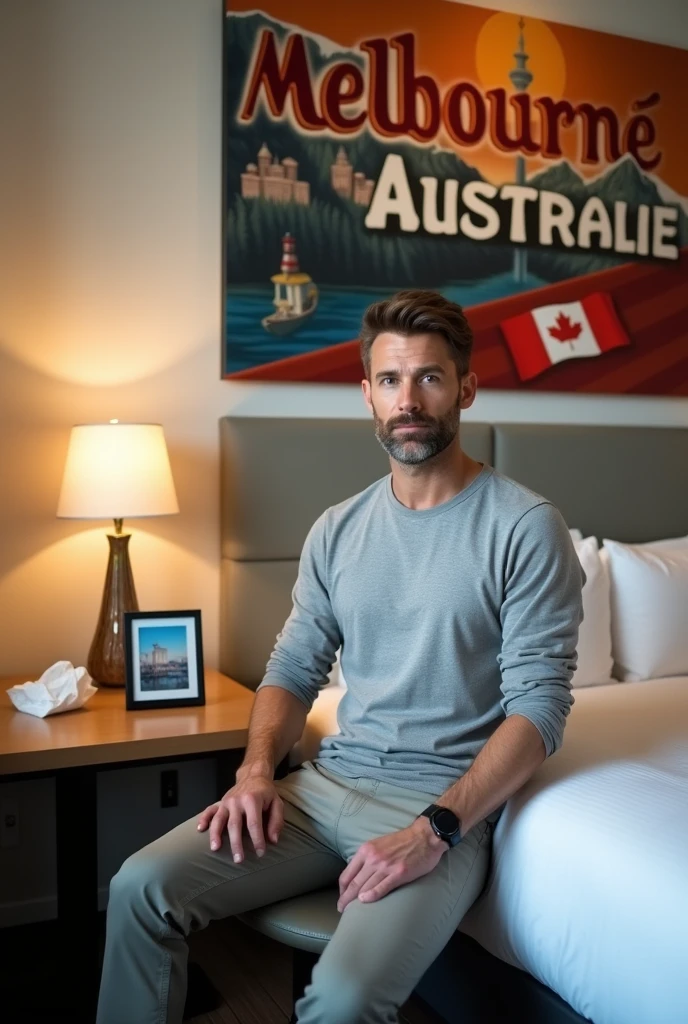 Homme caucasien grand de taille, charmant, un peu costaud, habillé en pantalon et tee-shirt manche longue, assis ou adossé sur une table dans une grande chambre d'hôtel, sur la table qu'il y ait également un papier mouchoir déjà utilisé sur la table et sur le lit de l'hôtel qu'il soit déposer un cadre photo grand ou moyen qu'il est possible de faire arrêter sur le lit et faire face à la caméra et sur le mur du chevet du lit un tableau sur lequel il est écrit en français : Melbourne AUSTRALIE et autour de la phrase qu'il y ait les emblèmes du CANADA QUÉBEC ou le drapeau du CANADA QUÉBEC