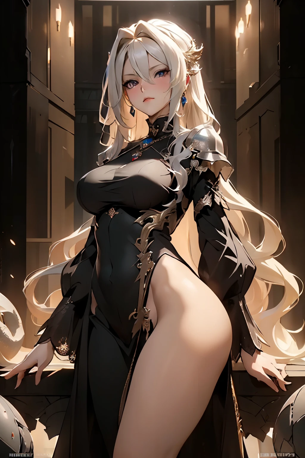 ((best quality)), ((Masterpiece)), (details:1.4), 3d, HDR (high dynamic range), amature woman, Blonde hair, Curtain Bangs, SLEEK Style, beautiful Red eyes, hips up จมูกโด่ง, ปากแดง, หน้าอกใหญ่, nvidia RTX, PBR surface, After processing, Anisotropic filtration,depth of field, Maximum clarity and clarity, multi-layered surface, Subsurface scattering, perfect proportions, 8K raw files, ultra detailed, Unreal 5, Perfect proportions, Octane Render, volumetric lighting, soft lighting, black dress, dragon bone armor, intricate silver embroidery, black niqab, glossy skin, gorgeous, intricate grey background, strong back lighting, jewely, ต่างหู
