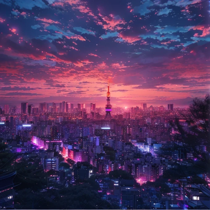 anime city skyline with pink and purple sunset, ((Tokyo Tower is visible)), anime wallpaper 4k, anime wallpaper 4 k, 4k anime wallpaper, anime art wallpaper 4 k, anime art wallpaper 4k, anime art wallpaper 8 k, beautiful cityscape, hd anime cityscape, beautiful anime scene, anime landscape wallpaper, tokyo anime scene, ultra hd anime wallpaper, beautiful anime scenery, anime background