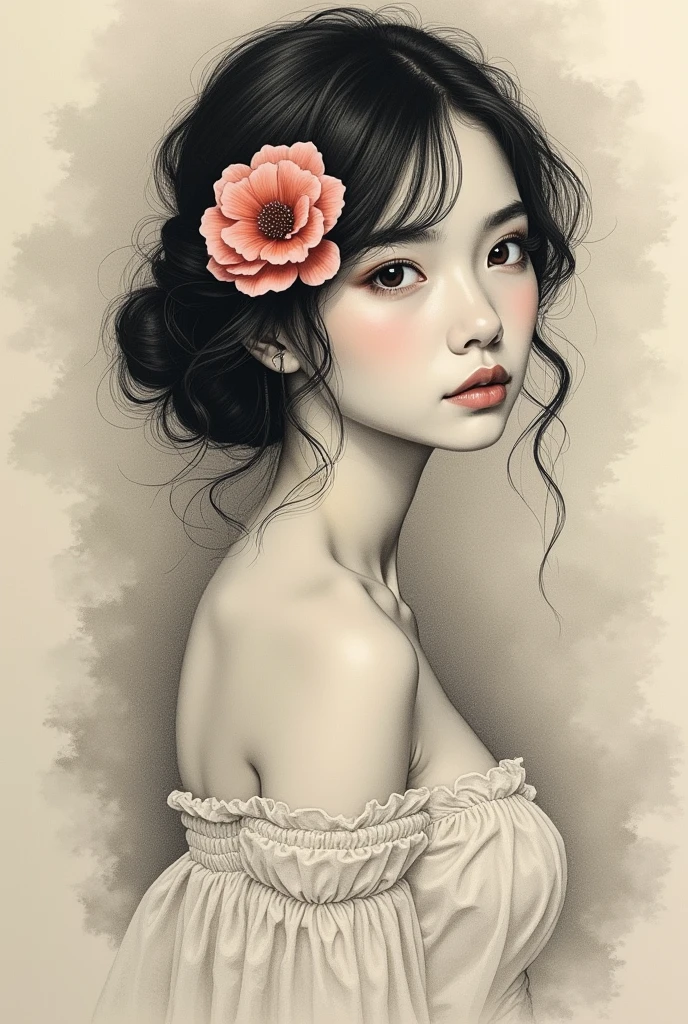 Hand drawn portrait of a young naked woman "rebecca" one rose petal on the nipples, Victorian era., post-impressionist style, minimalist brushwork, prosaic style, beautifully shaded, black ink on Manila paper,