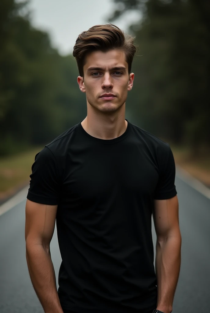 25 years old young boy stand in road smartly wearing a t shirt black background natural blur