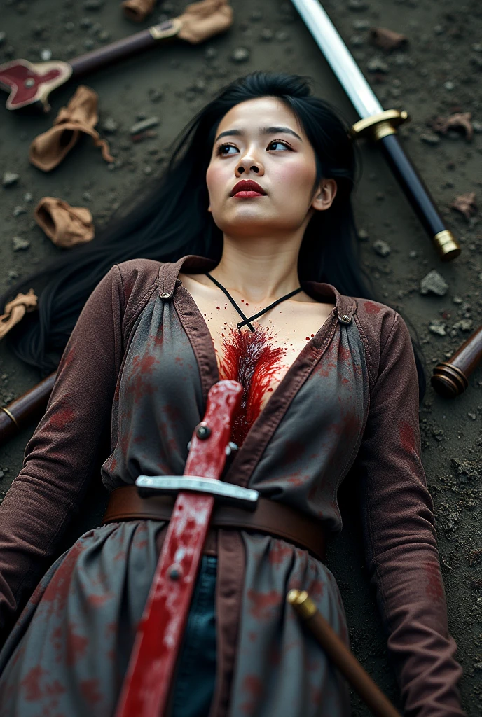 Asian women dying, sword stuck at her chest, died laying at the battle ground blood spurt out from her wound, naked, nude, death by stabbed at her chest, stabbed chest, with a sword, the sword stuck at her chest covered of blood body, blood spurt out from her wound
