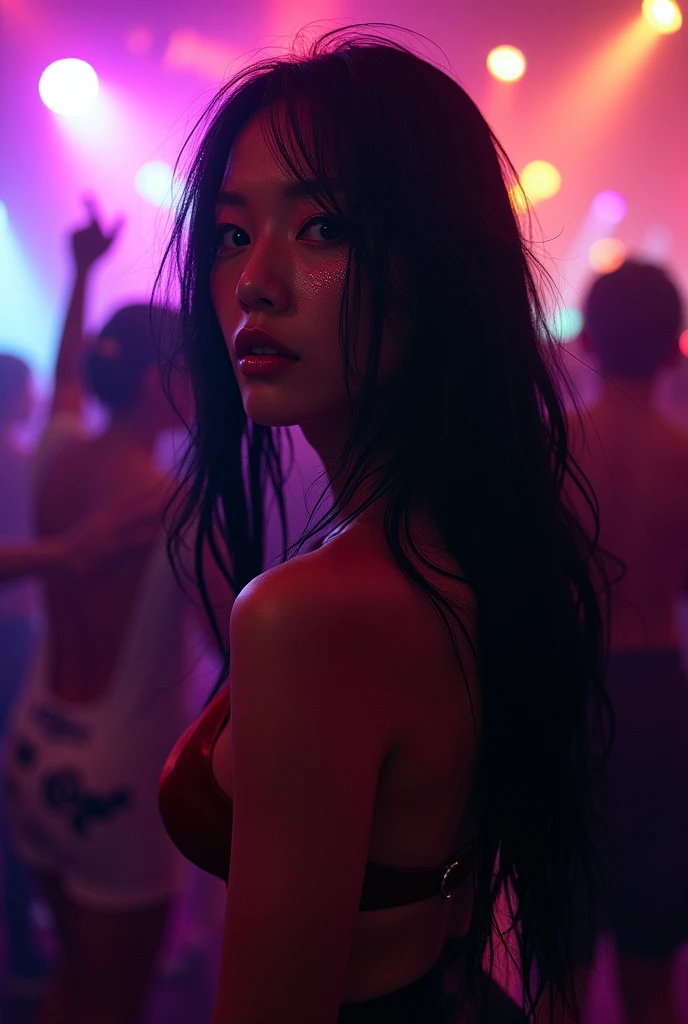 The face of a sexy Japanese woman dancing wildly at a club.