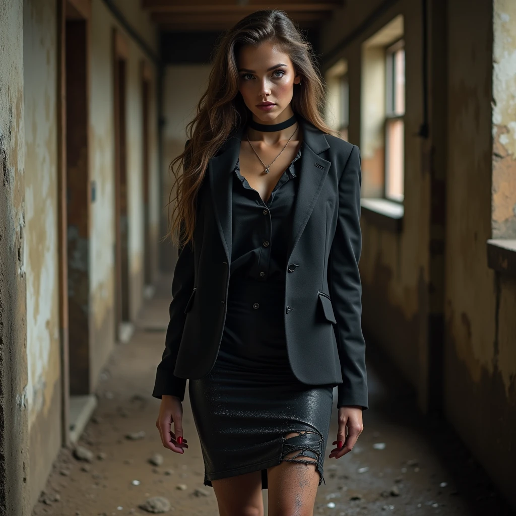 A captivating and color photo of only one business lady, exuding a slender, model-like appearance with long hair. She dressed in black business {clothes only made from cotton fabric}: {{black business pencil skirt}}, black muddy business jacket. muddy shirt, torn stockings, black choker on the neck, they are seen on a muddy building basement. Her all clothes, {skirt and jacket are stained} in {white liquid substance called {wtls}}. She is raped hard in mud and have all clothes torn, {her clothes stained in a lot of wtls}. The natural light brilliantly illuminates their clothes in details, casting dramatic shadows and emphasizing the texture of the mud, wtls on her clothing. Angle of camera from top-left from model.