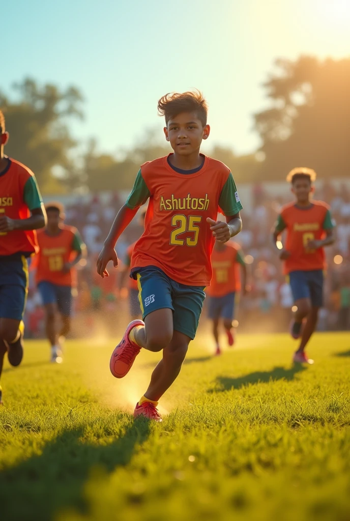 A age boy running in his kho kho ground written his name Ashutosh and jersey number 25 on his jersey