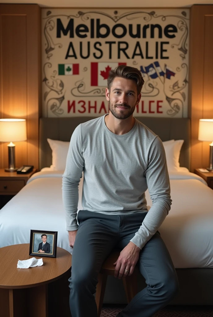 Homme caucasien grand de taille, charmant, un peu costaud, habillé en pantalon et tee-shirt manche longue, assis ou adossé sur une table dans une grande chambre d'hôtel, sur la table qu'il y ait également un papier mouchoir déjà utilisé sur la table et sur le lit de l'hôtel qu'il soit déposer un cadre photo grand ou moyen qu'il est possible de faire arrêter sur le lit et faire face à la caméra et sur le mur du chevet du lit un tableau sur lequel il est écrit en français : Melbourne AUSTRALIE et autour de la phrase qu'il y ait les emblèmes du CANADA QUÉBEC ou le drapeau du CANADA QUÉBEC