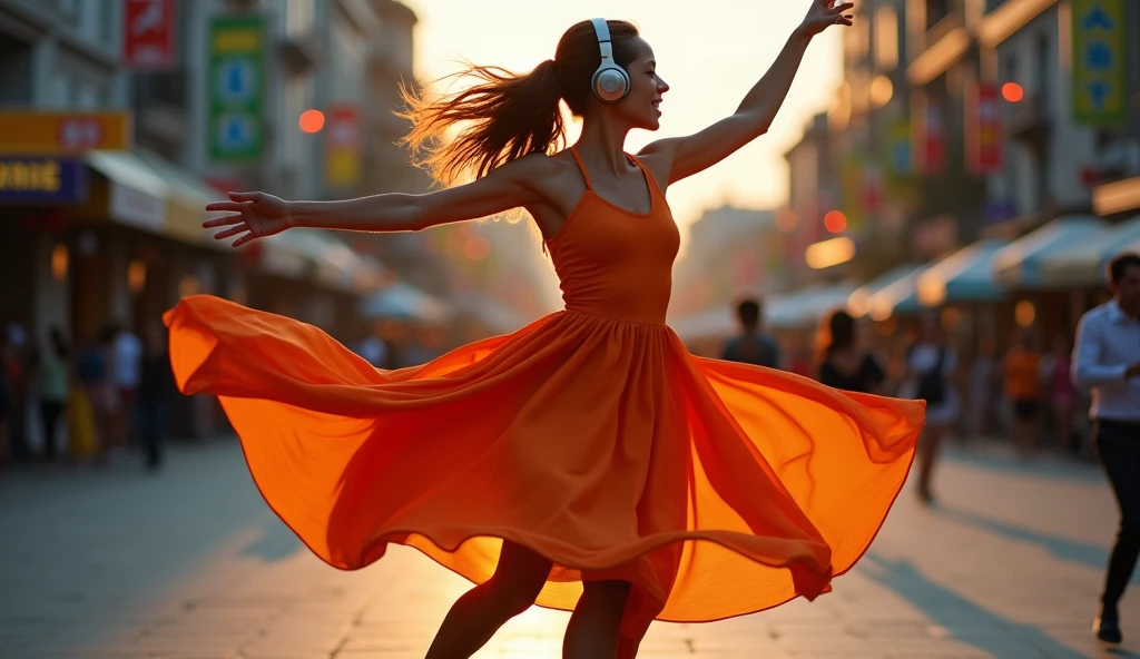 une personne qui dance et que l'on voit tout son corps. la personne porte une robe et elle tourne sur elle méme avec des ecouteur et de la musique
