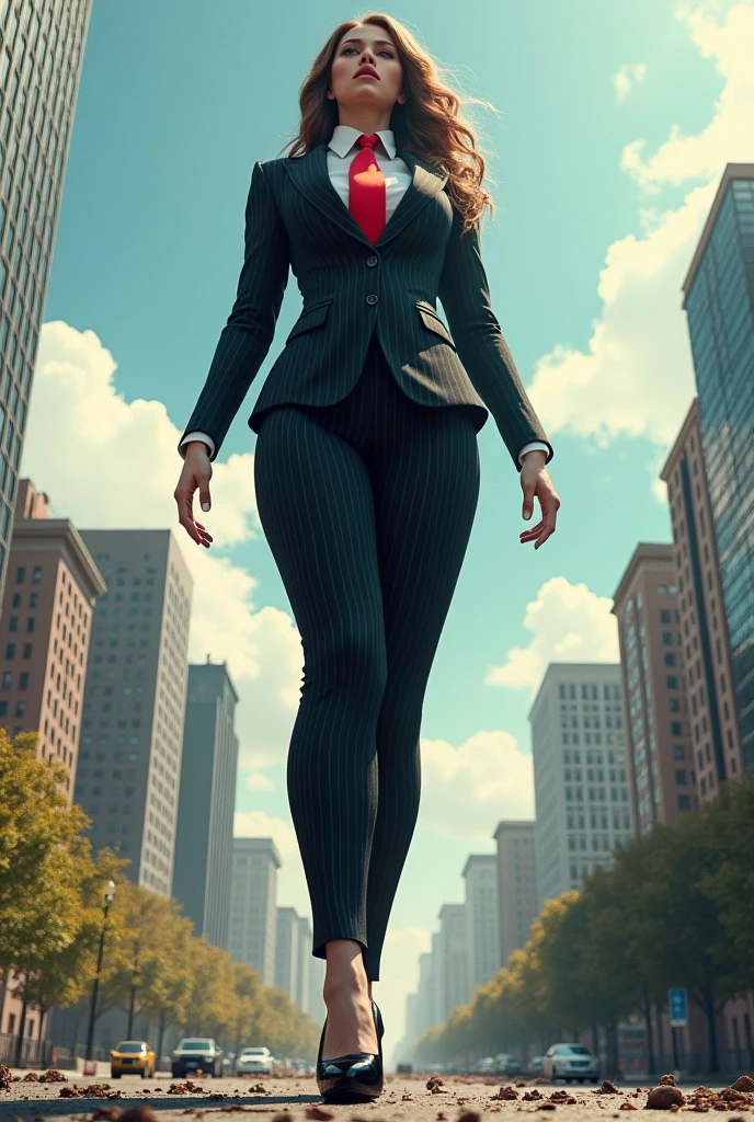 , Highly detailed Giantess shot, Giant, short hair, A women who is 10 mile tall than a skyscraper, big breasts, bbw, black pinstriped suit, huge red tie, high heels, very small metropolis, miniature metropolis, crush the big city, full body description, GTS, Giga Goddess, Stomping City, crash city, micro city, High resolution, highest quality, masterpiece,
