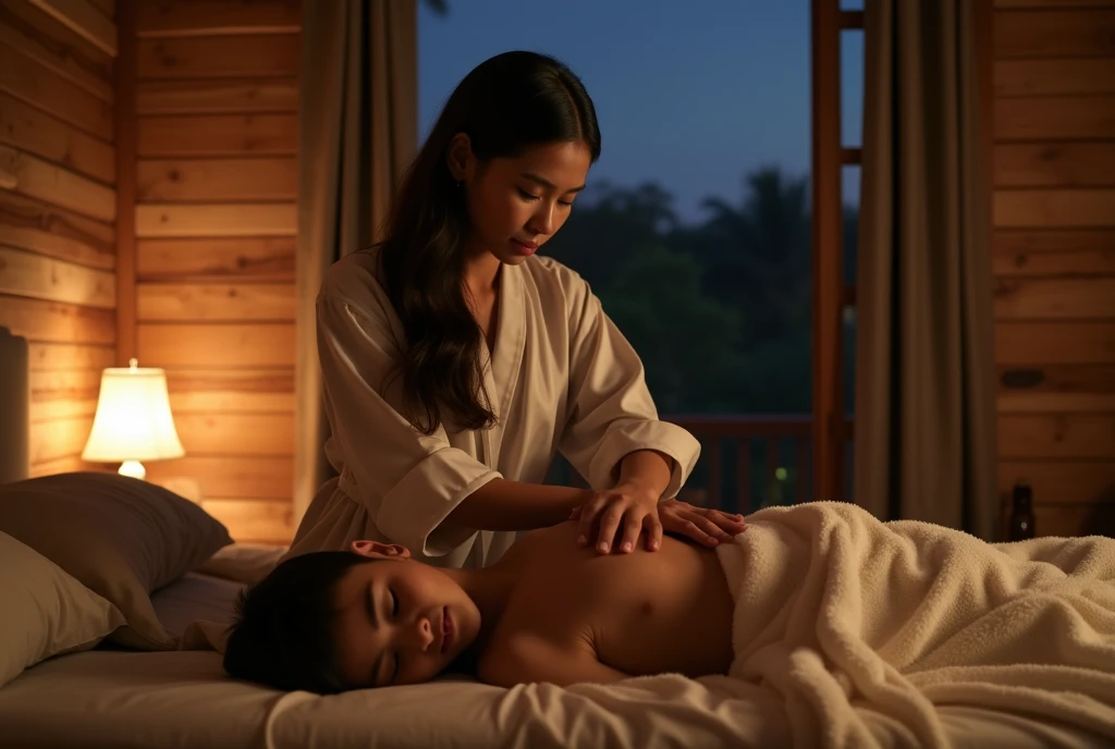 a beautiful Indonesian woman wearing a hijab, slim, 32 years old wearing a robe with buttons open, bra visible, is massaging a 14 year old teenage boy on a bed, in a room with wooden plank walls, at night