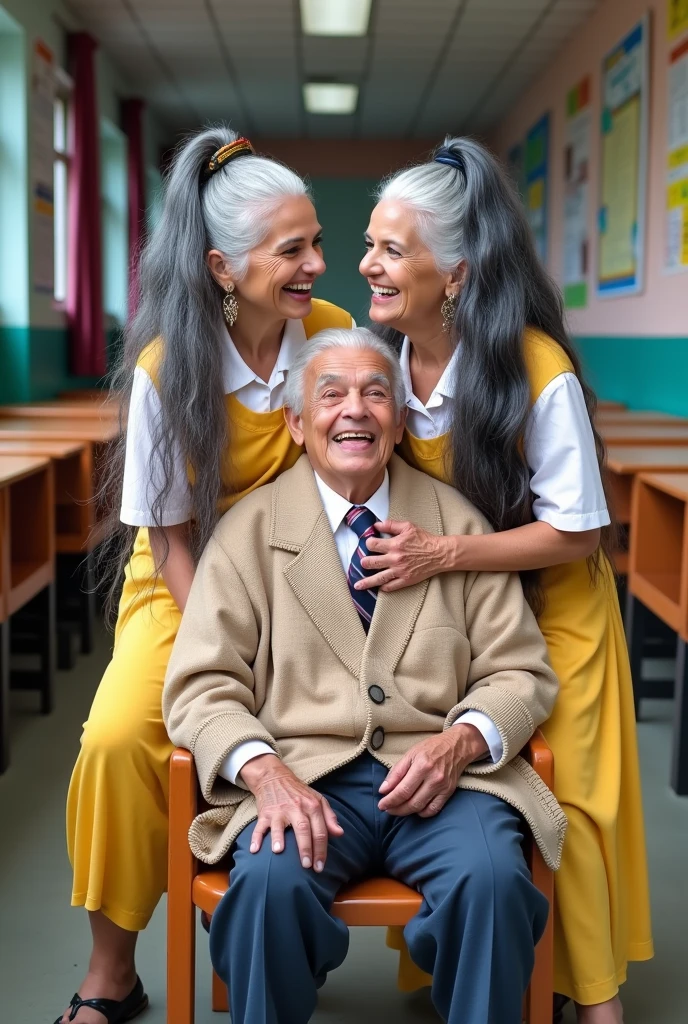 A modern,well-lit school in india,two 60 years old eldey indian ladies in school uniforms,one lady on top of the lap,kissing while keeping tongue out,rapunzel,drenched with 10 liters hair oil in to hair,slicked combed,cascade down,(show me tongue out),unnatural unreal wiered straight hairs,Hairs colors exactly as per the image prompt,hairs made up in salon exact looking like image prompt,hairs likehigh viscus water pulp,Those hairs got pulpted and makes extremely very thick hair lines,Their hairs got Shinning shinning and shinning like mirrors,Generate exact image prompt detailing seed,detsiles here and exact image prompt details,Generate extremely indian ladies,Generate hairs exaclty detsiling image prompt hair colors hray and black in respective ladies exact as per the image promot,Genrerate hair flow exactly as per the image prompt,Generate eldery ethnicity,Generate with indian aged eldery grannies,Generate hairs extremely soaked water