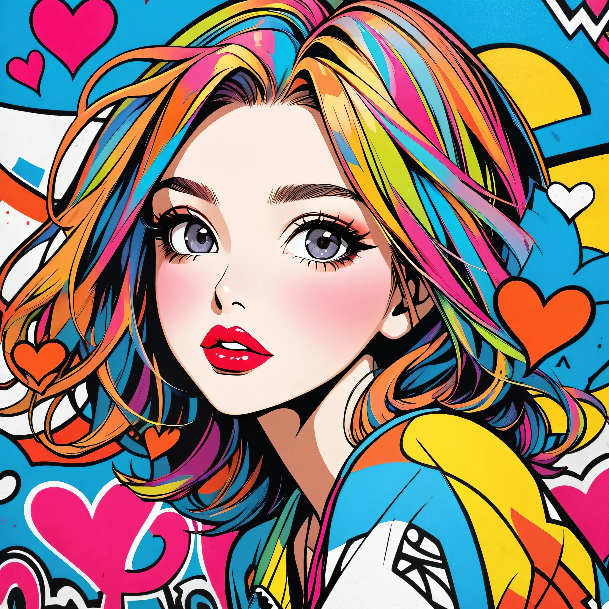 Ultra-realism Keith Haring colorful style, Simple Line Initialism,Abstract art,(((The most beautiful girl of all time))), Sweet face. Lips in love, colorful hearts, stylish design, Summer beach fashion, Dark Eyes, Graffiti on the wall