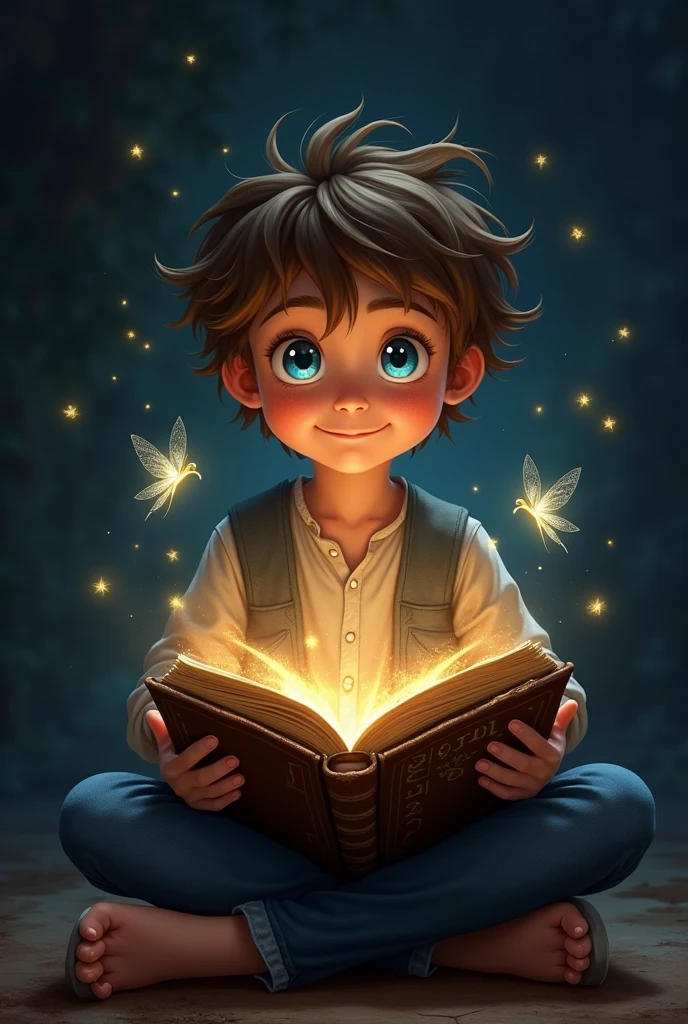 14 year old boy with a cheerful, curious with an open laugh and sit down with secret magical book in his hand and the dark background with magical light and some fairys