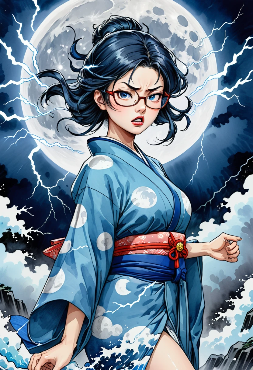 Taisho Romance　shrine　A beautiful Japanese woman in a kimono, with a large blue moon and weak-looking glasses, is very angry.　Aquarius Blue Moon　Big Moon, Fierce Thunder　Lightning strikes　Super Thunder　Watercolor art　Detailed ink illustration　spiritual 