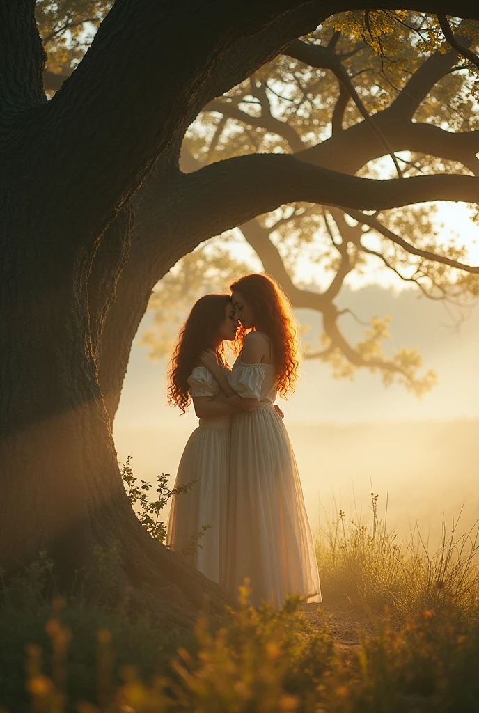 Redhead girl, 18-years old, cuddles her friend next to a tree. Provence. haze. 超detailded. Provence. Foggy . High grain film. retro photography, David Hamilton Style. Analog photography. grainy. nymph.