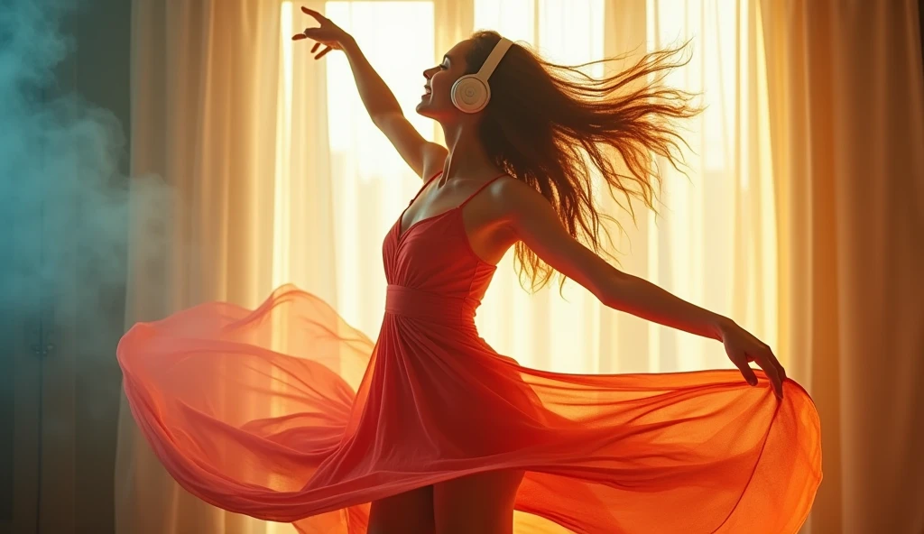 une personne qui dance et que l'on voit tout son corps. la personne porte une robe et elle tourne sur elle méme avec des ecouteur et de la musique