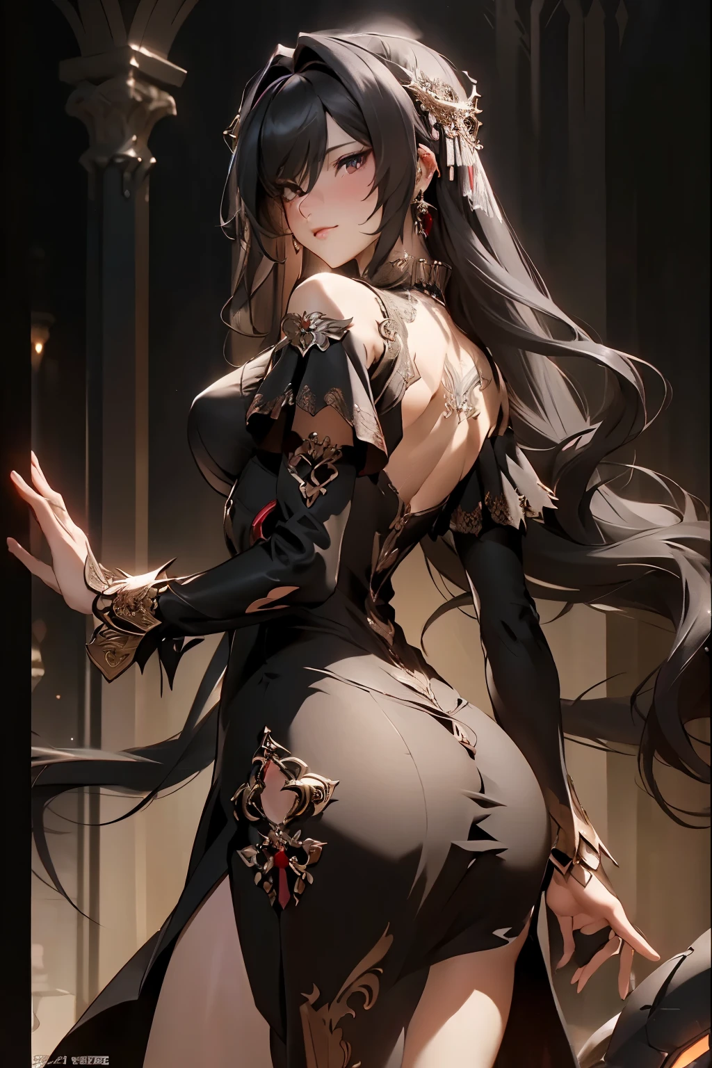 ((best quality)), ((Masterpiece)), (details:1.4), 3d, HDR (high dynamic range), amature woman, Red hair, Curtain Bangs, SLEEK Style, beautiful Red eyes, hips up จมูกโด่ง, ปากแดง, หน้าอกใหญ่, nvidia RTX, PBR surface, After processing, Anisotropic filtration,depth of field, Maximum clarity and clarity, multi-layered surface, Subsurface scattering, perfect proportions, 8K raw files, ultra detailed, Unreal 5, Perfect proportions, Octane Render, volumetric lighting, soft lighting, black dress, Heavy dragon armor, intricate silver embroidery, black niqab, glossy skin, gorgeous, intricate grey background, strong back lighting, jewely, ต่างหู