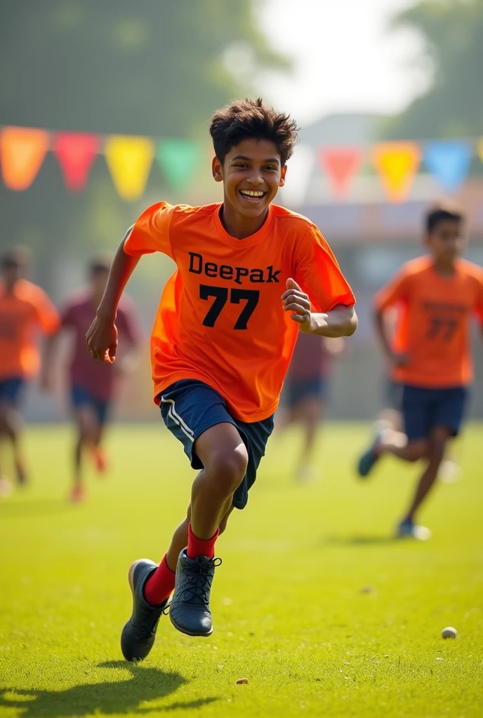 A  age boy running in his kho kho ground written his name Deepak and jersey number 77 on his jersey 