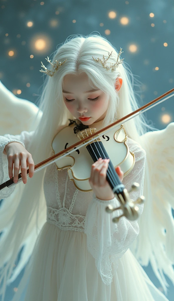 This image depicts a serene, ethereal scene featuring a delicate figure playing a full white violin. The character appears otherworldly, with pale skin and long, flowing white hair adorned with intricate, shimmering accessories. The setting seems to be a dreamy, celestial environment, filled with soft, glowing lights that enhance the magical ambiance. The figure's clothing is equally ethereal, with light, translucent fabric that adds to the otherworldly, almost angelic feel of the image.