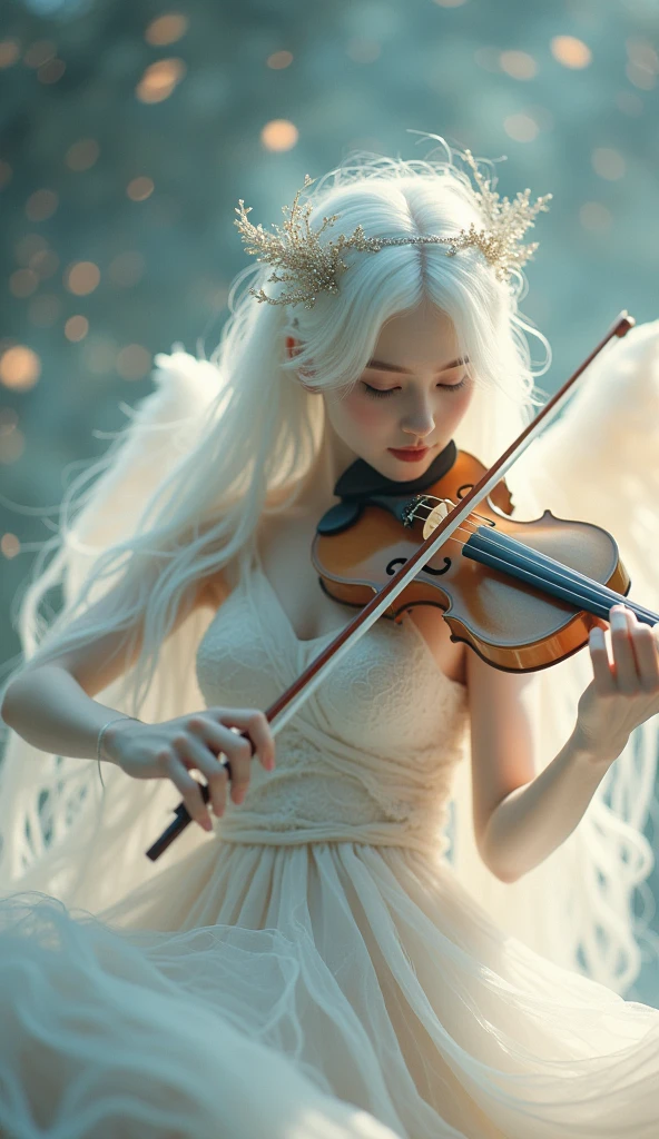 This image depicts a serene, ethereal scene featuring a delicate figure playing a full white violin. The character appears otherworldly, with pale skin and long, flowing white hair adorned with intricate, shimmering accessories. The setting seems to be a dreamy, celestial environment, filled with soft, glowing lights that enhance the magical ambiance. The figure's clothing is equally ethereal, with light, translucent fabric that adds to the otherworldly, almost angelic feel of the image.