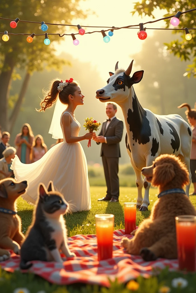 Cow getting married cat dancing, dogs enjoying juice, goat playing 
