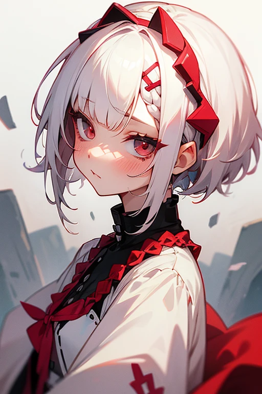 Short white hair, blush, Gothicta、Punk Fashion、Headbang 2.、White and red clothes、Braiding、2 hair clips、