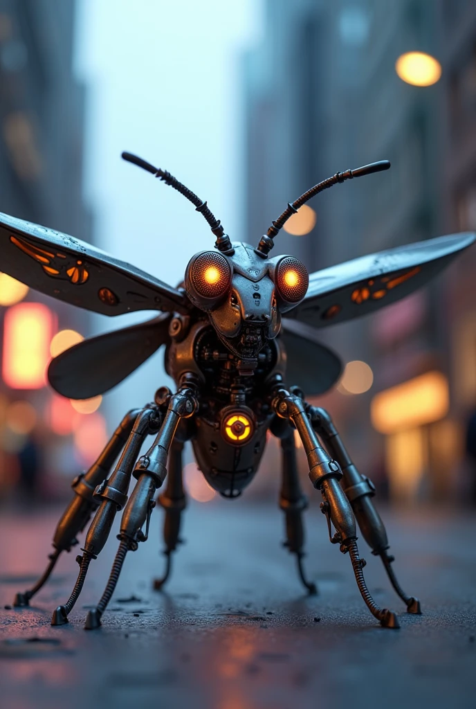 (best quality, masterpiece, ultra detailed), Its eyes are drone high-resolution camera bees, its wings are drone propellers, its outer shell is made of metal, its antennae are communication antennas, its abdomen has an LED light, its back has a solar panel, its legs are drone robotic arms, and its mouth is a small speaker.