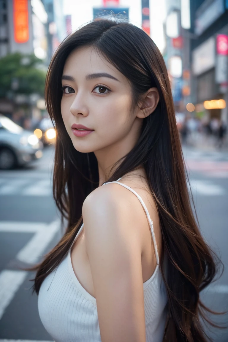 ((hair, Ultra-high resolution, Highest quality, masterpiece: 1.2), (Realistic, PhotoRealistic: 1.37), Super detailed, (Tokyo, Busy Street, sunny: 1.2), Professional Lighting, Photon Mapping, Radio City, Physically Based Rendering, masterpiece, Rich details, (Beautiful Face),(Beautiful Eyes), (Clear Face), (Detailed face description), (Detailed hand description), ( masterpiece), Realistic, Extreme light and shadow, Glowing Skin,Shiny Hair, one person's, 18-year-old, Japan, cute, (smile,Happy:1.3),(Gradient Brown Hair, short hair, ponytail:1.2),Small Big, thin: 1.2, double, Disheveled Hair, fine clavicle, clavicle, (Small breasts, Flat Chest:1.37),(Dynamic pose, Cowboy Shot: 1.3), (Knitted deep V-neck slip dress, Micro Mini, Side bust, Bare waist, Bare Armpits, Cleavage: 1.2), Face Focus