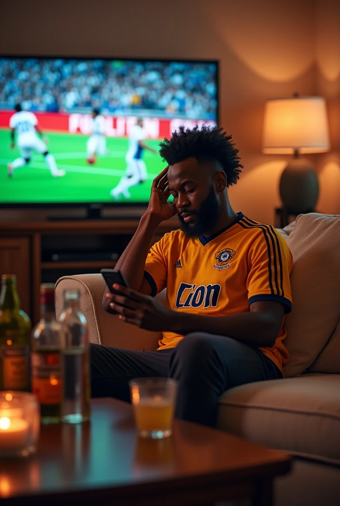 A black man on his house seating On sofa wearing jersey written lion and some liquor and glass on the table and tv showing football Match and man get shocked put one hand on  the head like he shocked watching his phone 