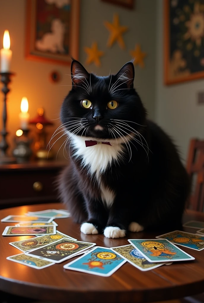fat tuxedo cat logo, cute reading tarot