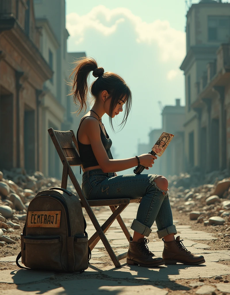 A girl in a dystopian world, looking for haircuts in need, equipped with hair scissors, a blow dryer, and a comb, on a mission to clean up the apocalypse with haircuts and styles. She's stylish with dystopian clothing, hair in a ponytail, dirty mismatched shoes, torn and worn pants, and a tattered dirty tank top, sitting in a folding chair with a 'CORTE DE CABELO?' sign, her backpack patched with duct tape. The desolate background shows broken buildings, a torn street, and sunlight through clouds. She holds a faded photograph of a pre-apocalyptic hairstyle. The image should have ultra 32K HD resolution, 3D effects, and alcohol ink textures, in a fantasy realism style with ultra details.