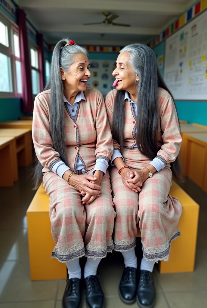 A modern,well-lit school in india,two 60 years old eldey indian ladies in school uniforms,one lady on top of the lap,kissing while keeping tongue out,rapunzel,drenched with 10 liters hair oil in to hair,slicked combed,cascade down,(show me tongue out),unnatural unreal wiered straight hairs,Hairs colors exactly as per the image prompt,hairs made up in salon exact looking like image prompt,hairs likehigh viscus water pulp,Those hairs got pulpted and makes extremely very thick hair lines,Their hairs got Shinning shinning and shinning like mirrors,Generate exact image prompt detailing seed,detsiles here and exact image prompt details,Generate extremely indian ladies,Generate hairs exaclty detsiling image prompt hair colors hray and black in respective ladies exact as per the image promot,Genrerate hair flow and soaked with water exactly as per the image prompt,Generate eldery ethnicity,Generate with indian aged eldery grannies