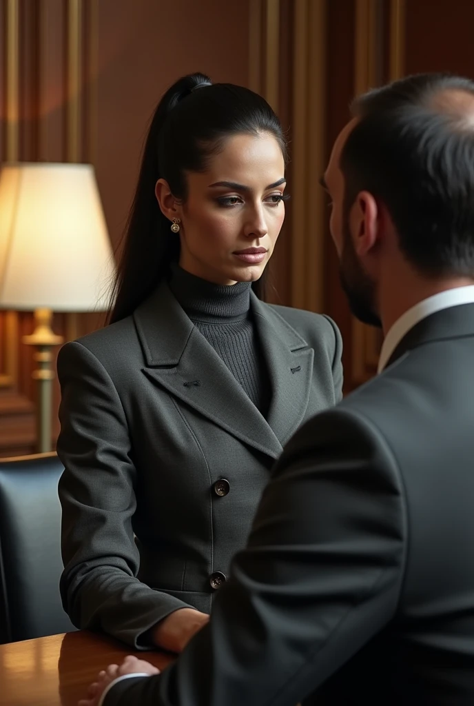 photo of a man fucking in the ass a fully dressed female Prime Minister of Parliament, drenched in sweat and horny, bent over her desk, hands gripping the edge of the desk, Monica Bellucci at 45, eyes closed in front of a man, the man fucks her in the ass, doggy style, (( Monica is dressed in a double-breasted jacket in gray fabric, a gray turtleneck sweater, and a long black skirt (long black skirt:1.2 )) ((black hair in ponytail)) ((she is wearing her favorite vintage gray silk gloves)) ((moment of , Bettie has a really nice orgasm, he grinds his teeth in pain, she feels pain intense, she screams in pain)) ((gray silk gloves))