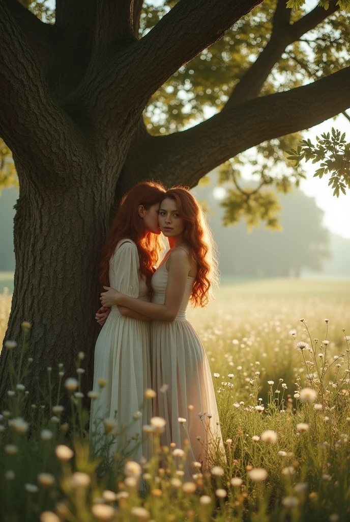 Redhead girl, 18-years old, simple dress cuddles her friend next to a tree. Provence. haze. 超detailded.  Provence. Foggy . High grain film. retro photography, David Hamilton Style. Analog photography. grainy. nymph.