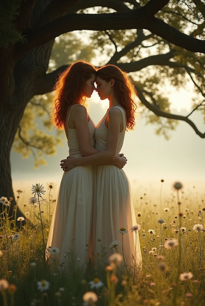 Redhead girl, 18-years old, simple dress cuddles her friend next to a tree. Provence. haze. 超detailded. Provence. Foggy . High grain film. retro photography, David Hamilton Style. Analog photography. grainy. nymph.