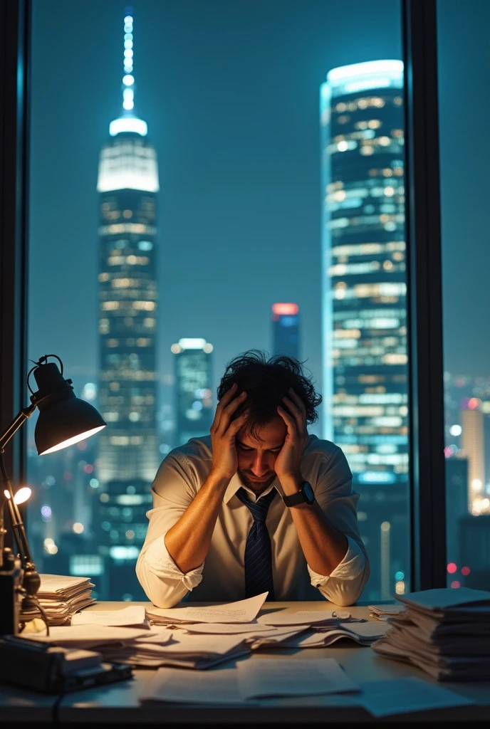A scene in which a person is feeling dissatisfied or disappointed at work.、The attitude(「Holding his head」)and clothing(「Sloppy clothing」)Please portray through。The scene was、Set the background as a city skyscraper。