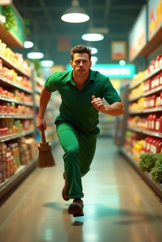 Cashier: Dressed in a green uniform, he holds a broom which he swings at the thief as if trying to catch up with him and stop him. The cashier runs after the thief with a determined look on his face.
the cashier is supposed to be 3D, he's supposed to run to the right and he's supposed to be DRAWING REALISTIC