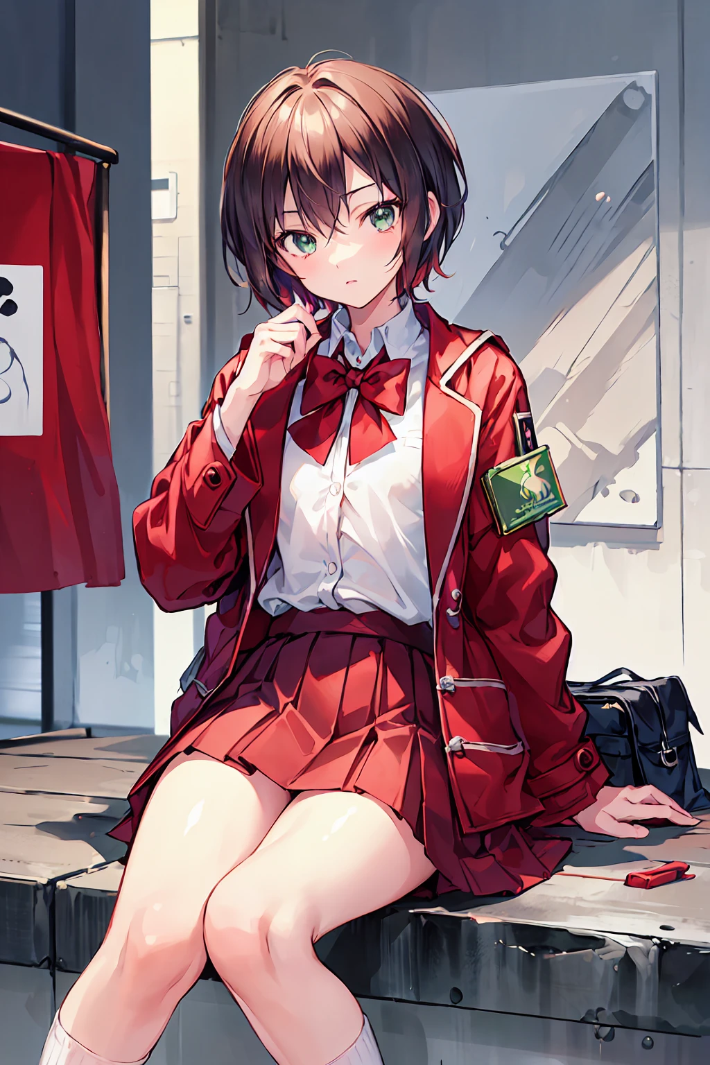 (masterpiece:1.2), (Highest quality:1.2), Ultra-high resolution, Very detailed, Perfect Eyes, Perfect Face, Perfect lighting,((Seated anime)), Headrest, Surreal Girl, (1 person,Hata,boyish, , :1.3),((alone:1.3)), (Short Hair), small and soft breasts,Slender body, Small Ass, Small green eyes,Fine and beautiful eyes, Well-proportioned iris and pupil, Expressive eyes, Beautiful and detailed lips, High resolution detailed hair, ((Red jacket:1.4)),(White shirt:1.4),((Check skirt)), light green socks, Brown Loafers, Student Bag, ultra high density skin, Portraiture, Gweiz-style artwork, Makoto Shinkai'Art Style, lofi Portraiture, Digital anime art, Makoto Shinkai style, LOFI Girl, Anime style illustrations, ロフィArt Style, Anime illustration,Brown Hair,Shortcuts,Messy Hair,Slender beauty,Beautiful feet