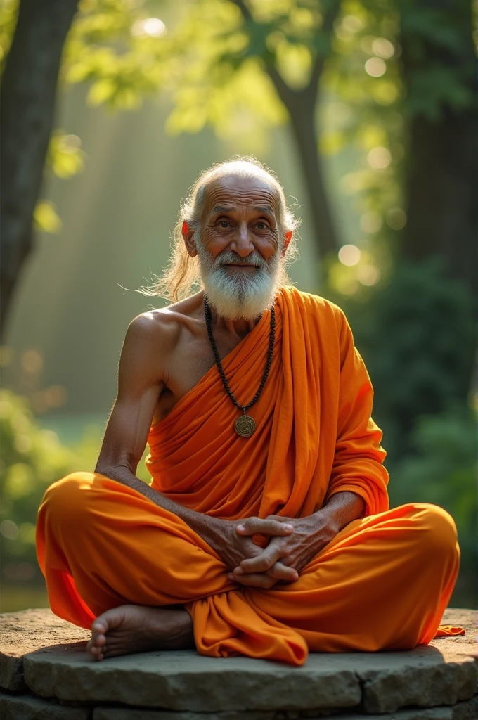 Indian old sage with orange clothes and little smile on face