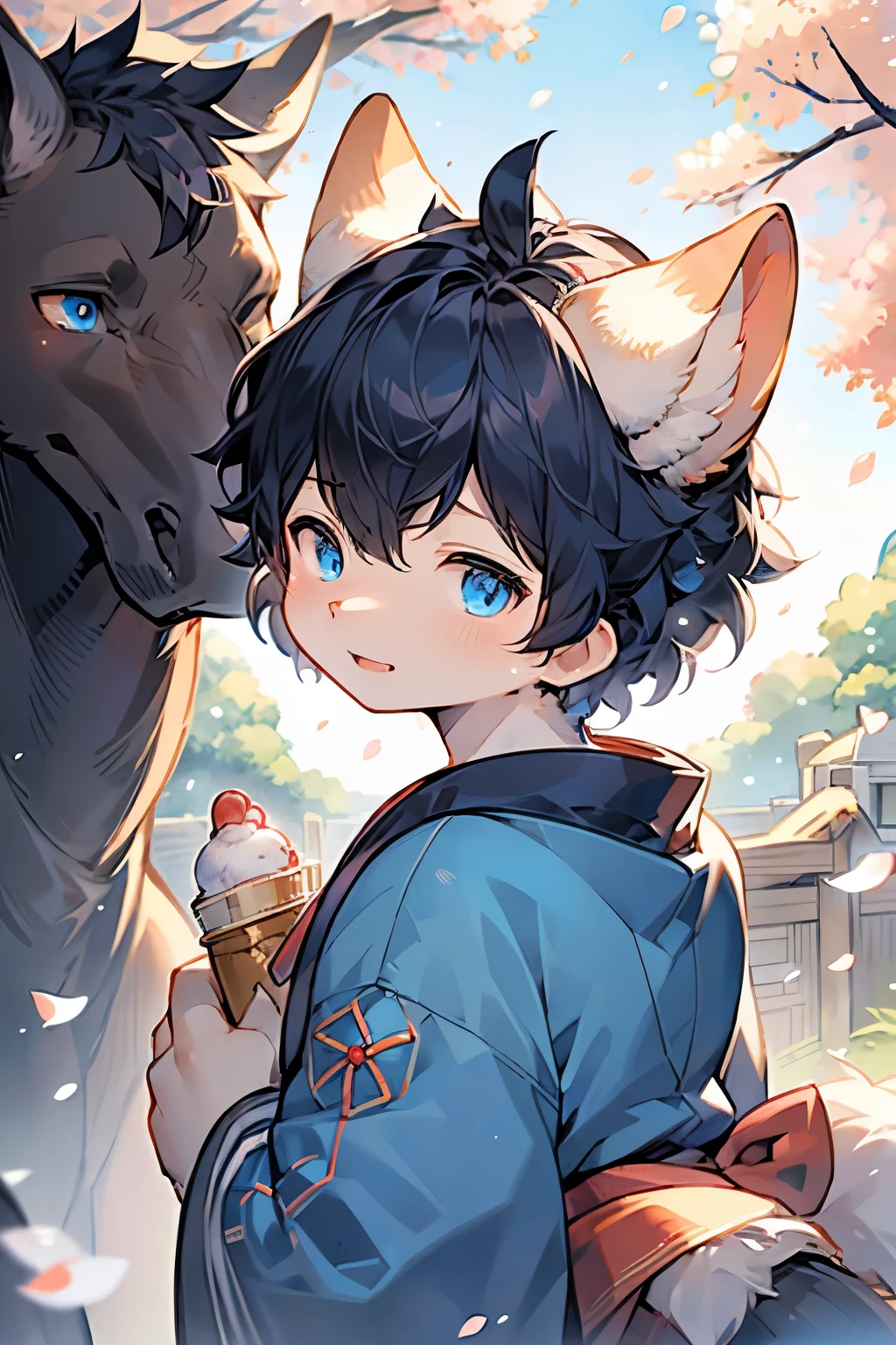 Black Hair, Japanese cartoons, Ghibli, Japanese cartoons ,boy, close up, from the side, First-person perspective, 8K, Super Detail, masterpiece,Super Detail, high quality, high resolution, High Detail, White background, Facial details, happiness, curls, blue eyes,Cherry blossoms,Japanese clothing