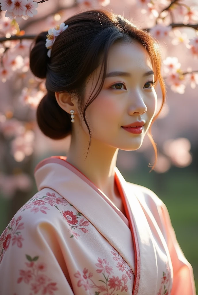 An elegantly dressed Japanese woman in natural light、A close-up of her chest and calm expression.、It shows her inner peace and outer charm.。
