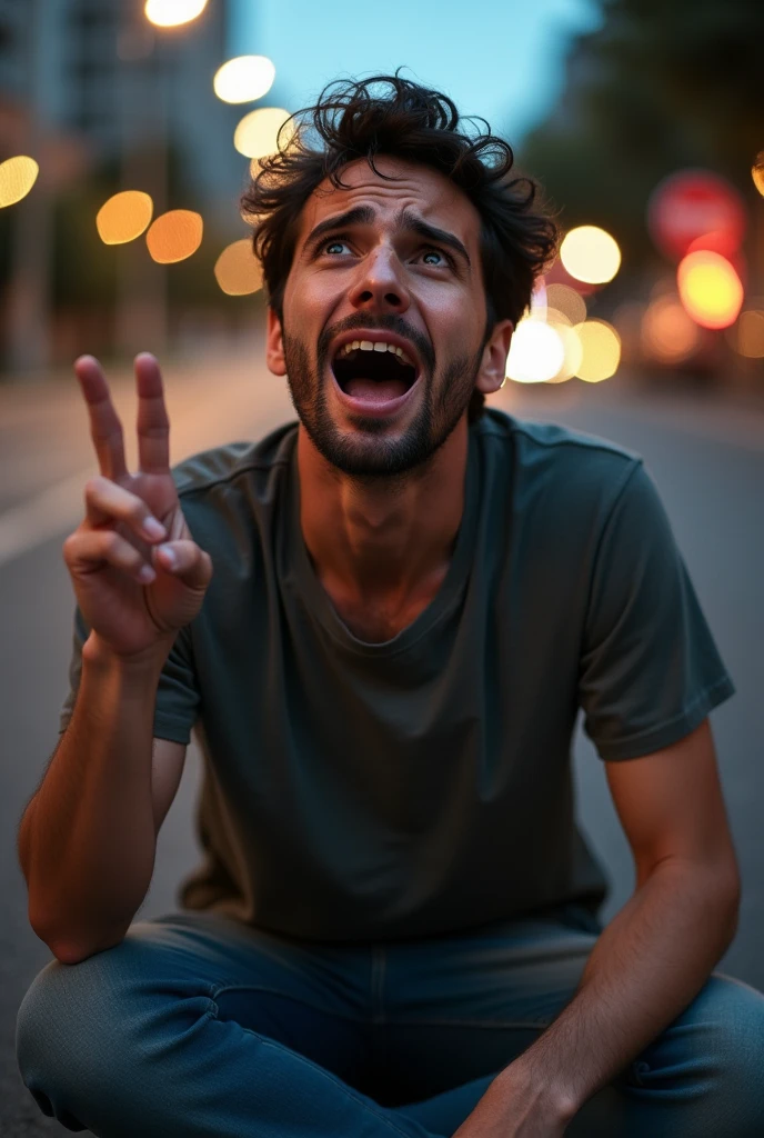 An image of a man crying with his eyes rolled up and his tongue sticking out while making a peace sign
