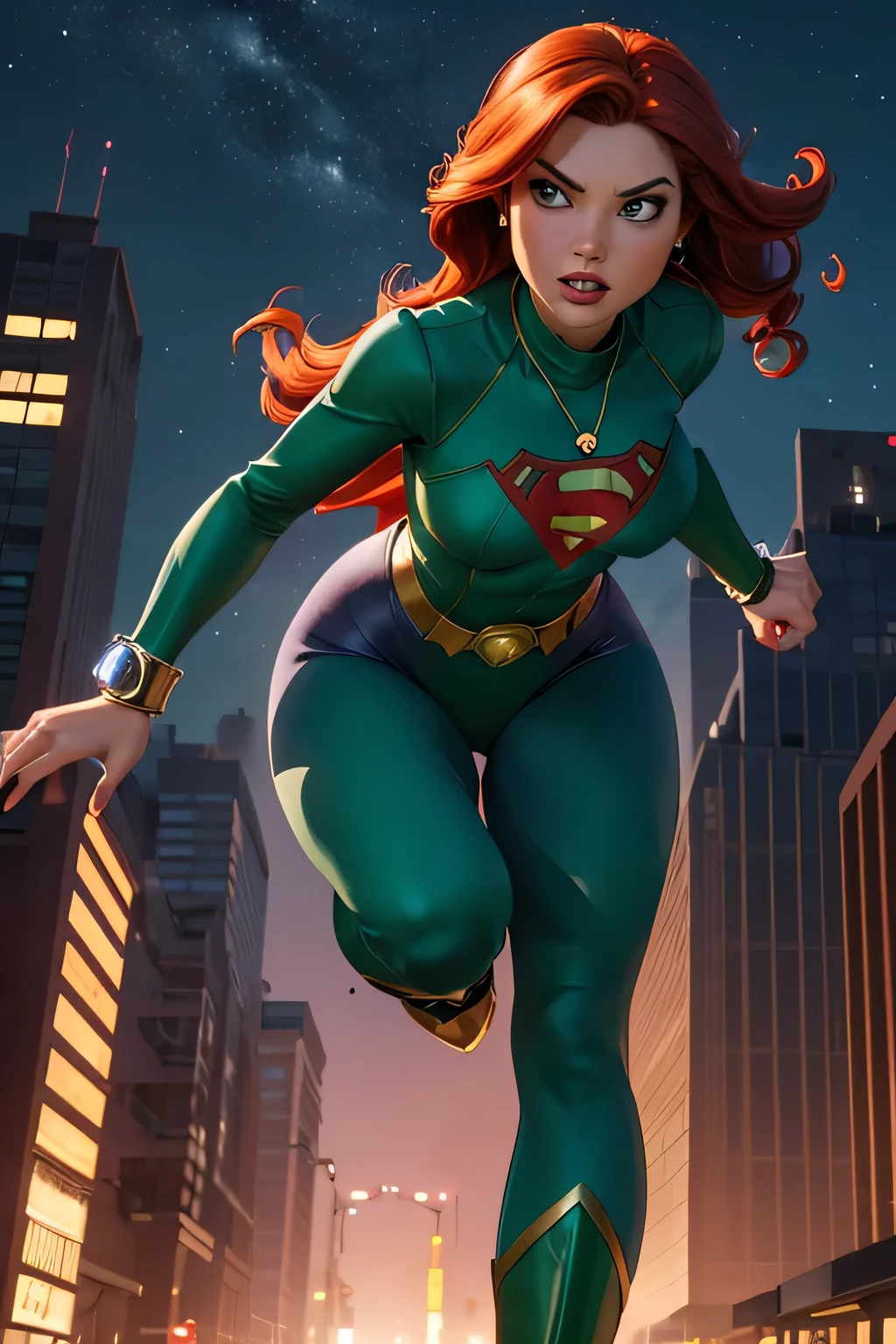 Legacy Lady, ((superheroine, running and chasing bad man in the future night city)), She has very long shining redhead and outward curl hair, She wears a long-sleeve leotard, high-cut pants, and thigh-high boot tights. Her costume is all shining green. Adorned with an emerald pendant, ruby and sapphire rings, and a diamond bracelet.